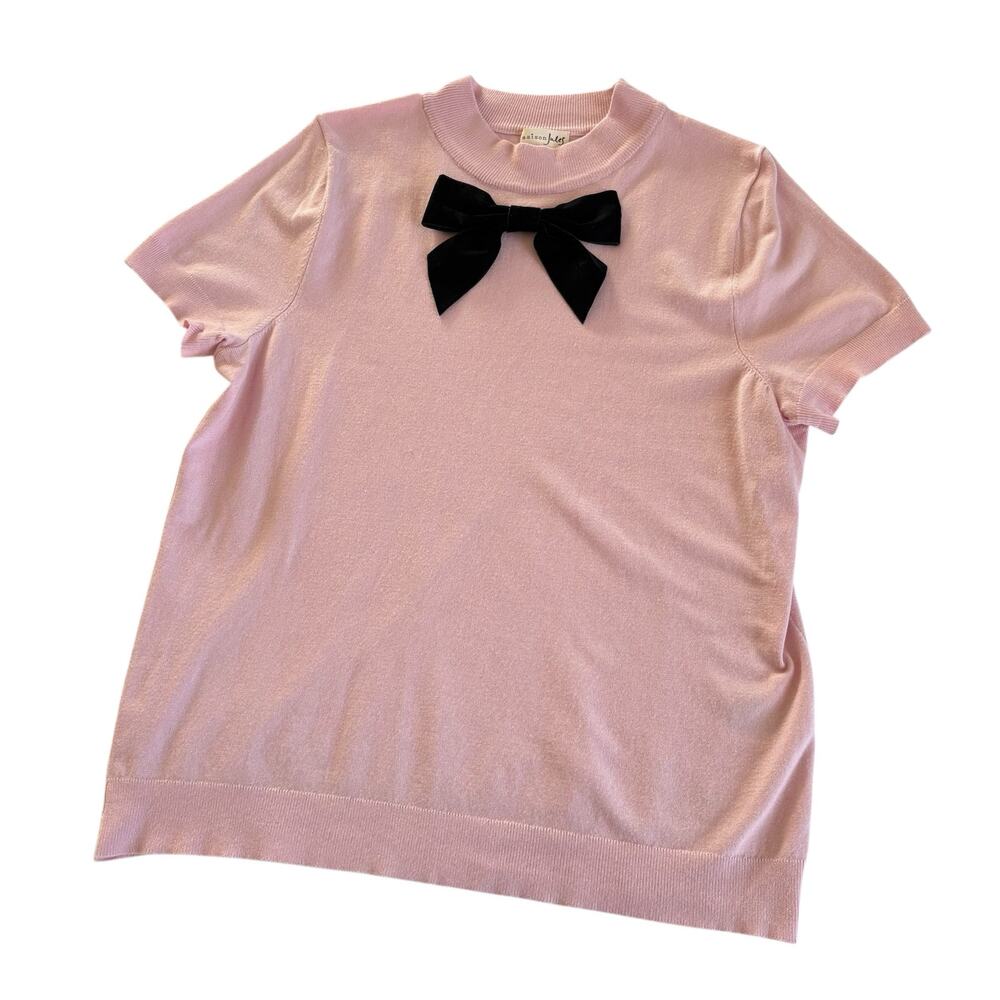 Maison Jules Short Sleeve Black Bow Pullover Sweatshirt Pink Women’s Large